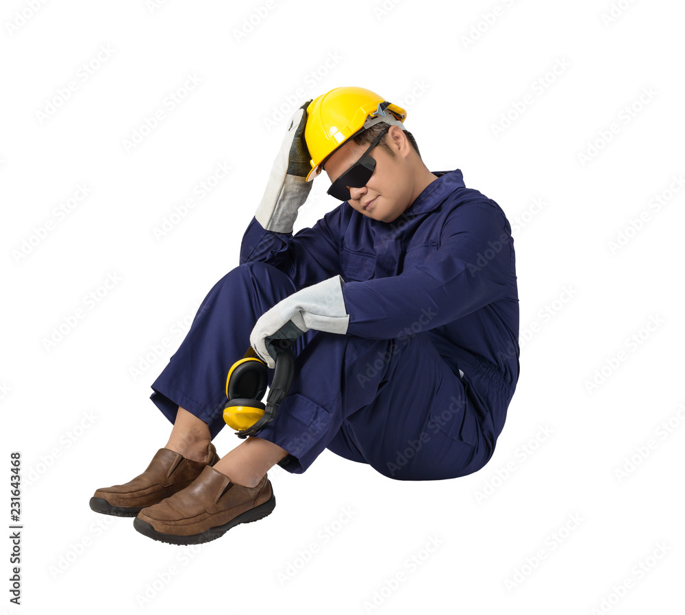 worker in Mechanic Jumpsuit is Sitting isolated on white background worker in Mechanic Jumpsuit is Sitting isolated on white background