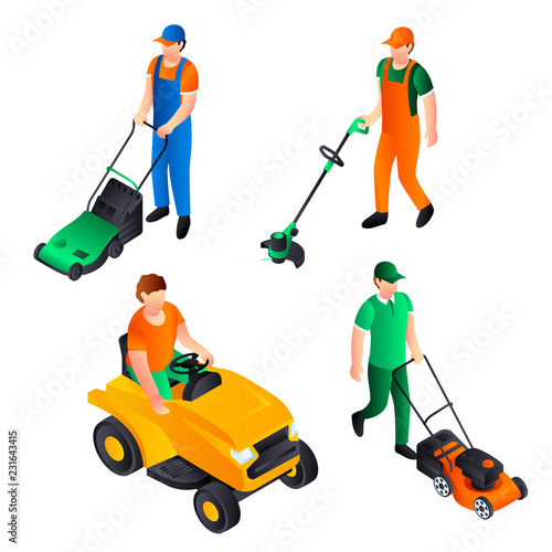 Lawnmower icon set. Isometric set of lawnmower vector icons for web design isolated on white background