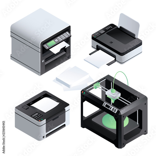 Printer icon set. Isometric set of printer vector icons for web design isolated on white background