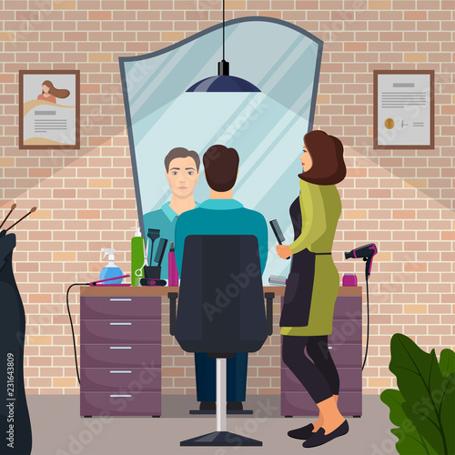 Hairdresser and man client in beauty hairdressing salon in loft style. Chair, mirror, table, hairdressing tools, cosmetic products for hair care. Barber shop interior. Flat vector illustration.