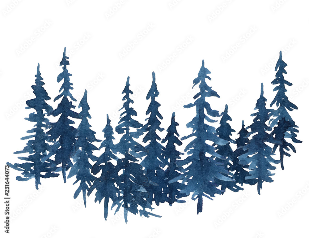 Fototapeta premium Watercolor indigo blue group of pine trees. Christmas and New Year illustration