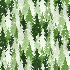 Fototapete Waldmuster Grüne Kiefern mit Schnee Aquarellmuster  © IMR
