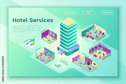 Hotel internet landing page template with isometric flat icon of building, barbershop, cafe, laundry, transportation service, bike rent, online booking app concept, 3d vector illustration photo