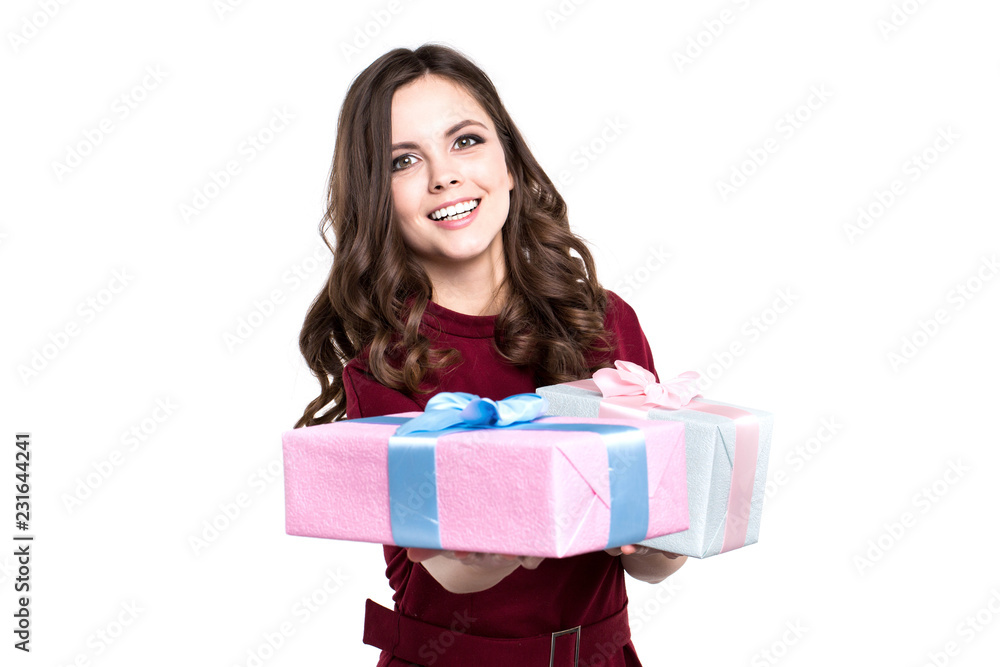 Woman holding presents, isolated on white background. Woman holding presents, isolated on white background.
