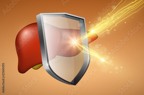 Human liver under protection, glass shield with glowing effect, health protection concept, vector illustration