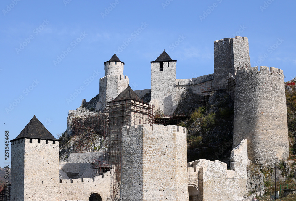 stone walls and towers Golubac fortress landmark Serbia