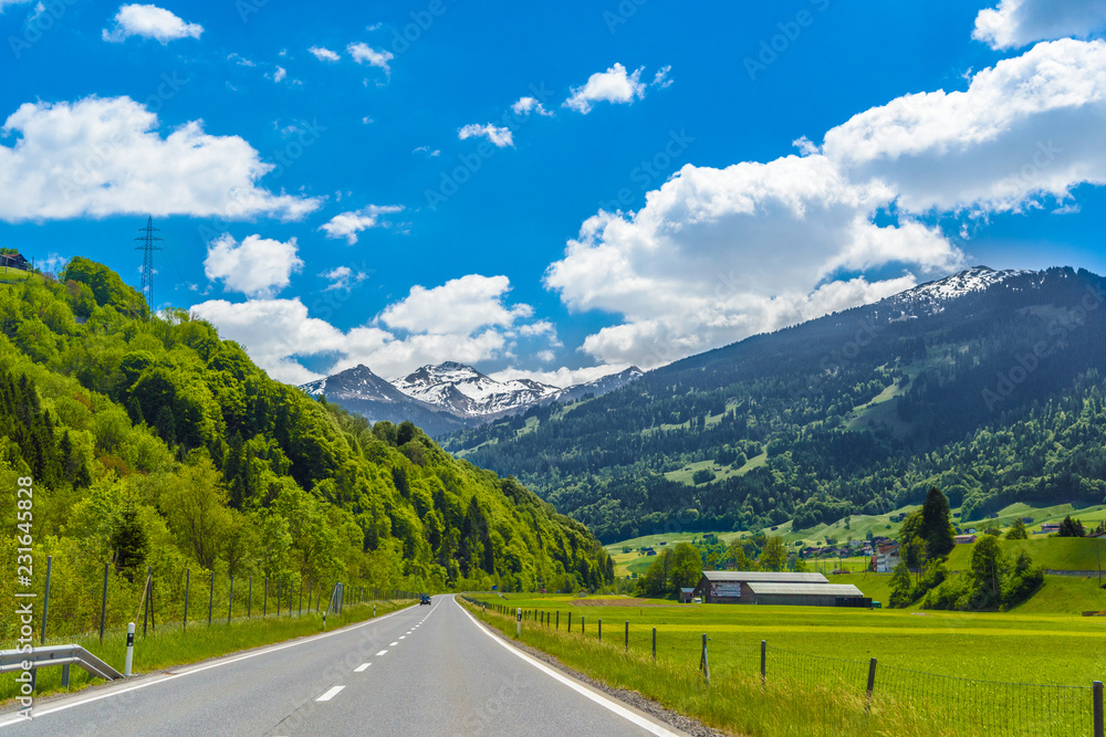 Road among Alps mountains, Klosters-Serneus, Davos,  Graubuenden