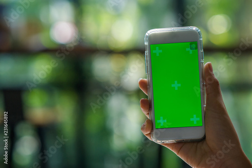 The view is cut out of the woman's hand holding a smart phone with a blank screen for text message space or text message content reading on a mobile phone. Green screen