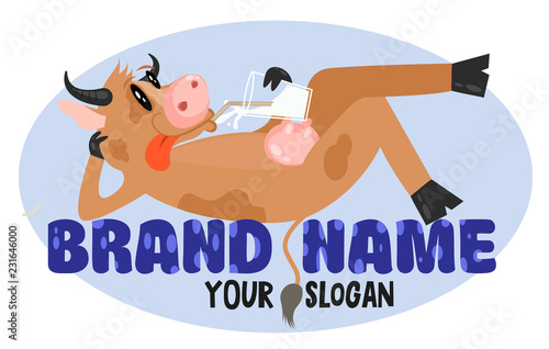 Funny cartoon cow lies on the letters and drinks milk. Cow milk farm logo design vector template. Fresh organic meat farmer products Logotype concept icon. For Food logo, Milk, Cheese, Yogurt product.