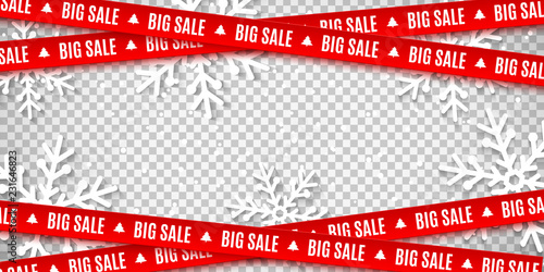 Red ribbons for Christmas sale isolated on transparent background. Snowflakes cut out of paper. Big sale. Graphic elements. Vector illustration