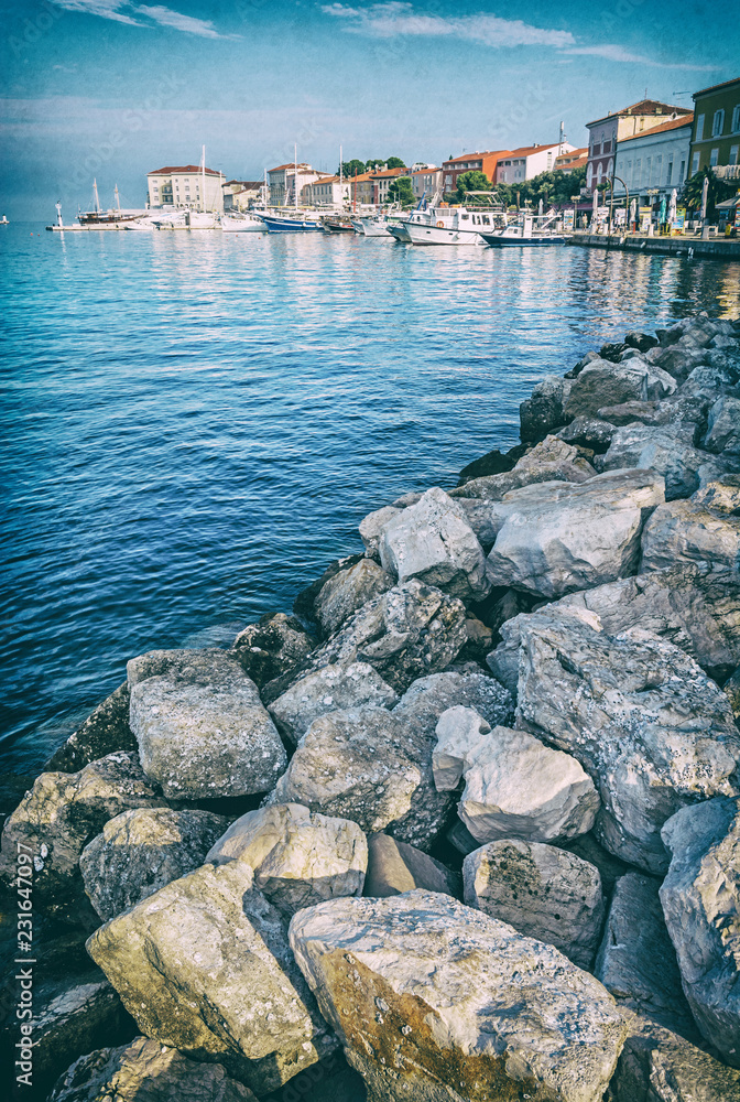 Seafront in Porec, Istria, Croatia, analog filter Stock Photo | Adobe Stock