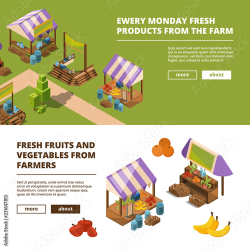 Local farm banners. Outdoor food marketplaces with vegetables meat fish fruits grocery store vector template. Illustration of farm market isometric, fruit and vegetable marketplace