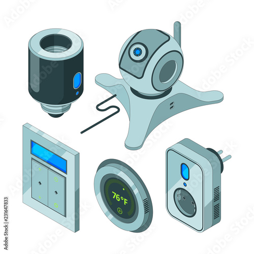 Smart home tools. Various electrical web equipment for house security camcorder movement sensors hub electrical vector isometric. Sencor device for home, camera and thermometer illustration