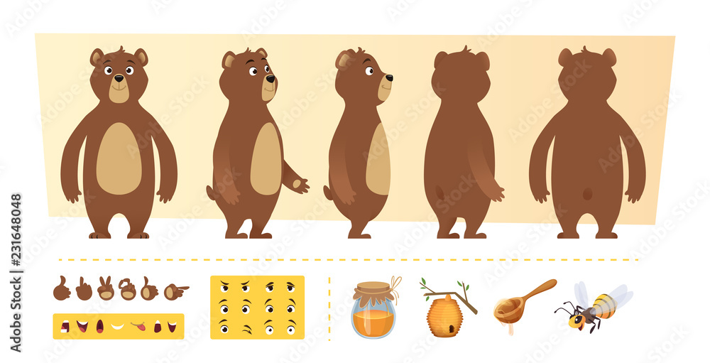 Cartoon bear animation. Cute wild animal body parts and nature items honey  trees vector character creation kit. Illustration of animal bear, wild  grizzly and sweet Stock Vector | Adobe Stock