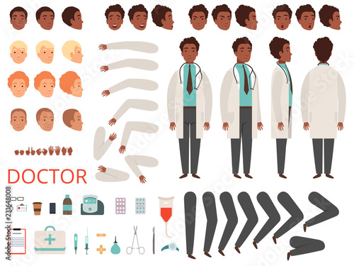 Medic animation. Doctor characters hospital medicine staff body parts and clothes vector creation kit. Doctor man constructor generator illustration