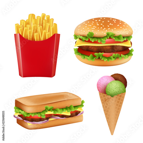 Fast food pictures. Hamburger sandwich fries icecream and cold drinks bread 3d realistic vector illustrations isolated. Ice cream and burger isolated on white