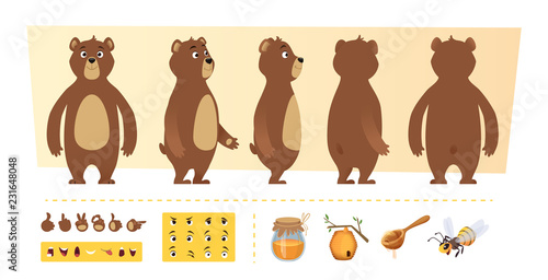 Cartoon bear animation. Cute wild animal body parts and nature items honey trees vector character creation kit. Illustration of animal bear, wild grizzly and sweet