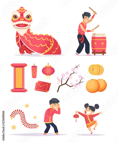 Chinese new year. Dragon firecrackers paper lantern and happy kids characters celebrate 2019 vector pictures. Illustration of celebration china new year