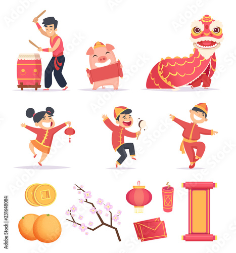 Asian new year. Happy chinese people celebrate 2019 with traditional symbols dragons lantern firecrackers vector pictures. Illustration of elements for chinese new year pig, dance festival china