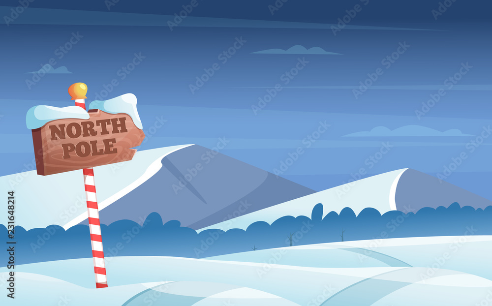 North pole road sign. Snowy background with snow trees night woods wonderland  winter holidays vector cartoon illustration. North pole road snow,  christmas holiday winter Stock Vector | Adobe Stock