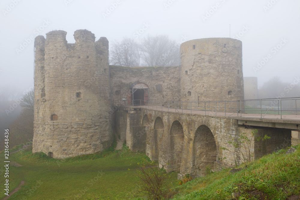 Koporye fortress close-up in the morning autumn fog. Leningrad region, Russia Koporye fortress close-up in the morning autumn fog. Leningrad region, Russia