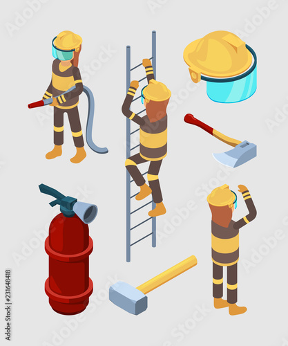 Firefighters isometric. Proffesional equipment of fire station hose boots extinguisher car vector 3d illustrations isolated. Fireman and hydrant, extinguisher isometric