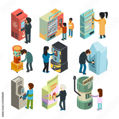 Vending machine isometric. Snack sandwich ice cream coffee water automatic shop people buying fast food and drinks vector 3d pictures. Illustration of vending machine isometric, coffee and food