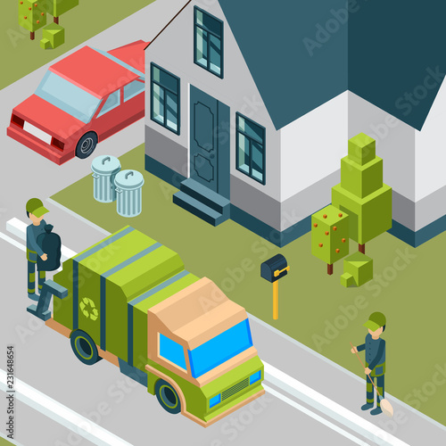 Garbage truck. Cleaning service removing trash from city street waste recycling concept vector isometric background. Illustration of garbage truck, removal rubbish urban transport