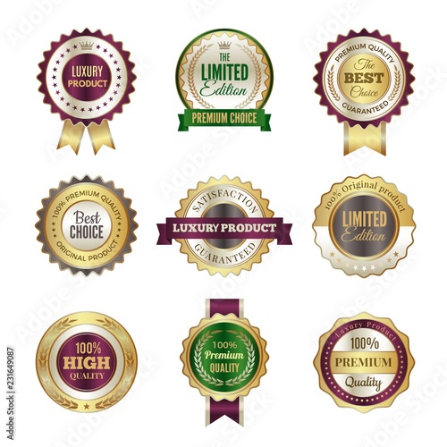 Luxury premium badges. High quality golden crown best choice labels and stamp vector template for certificate and documents. Luxury label promotion, best choice illustration
