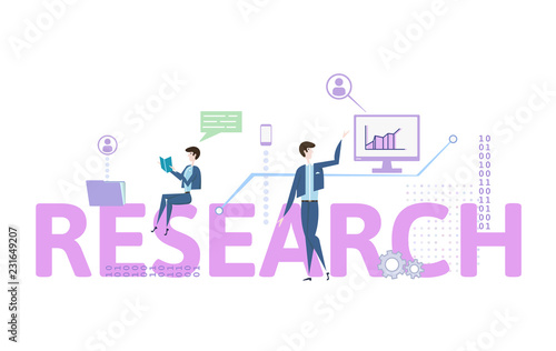 RESEARCH word. Concept with people  letters and icons. Colored flat vector illustration on white background.