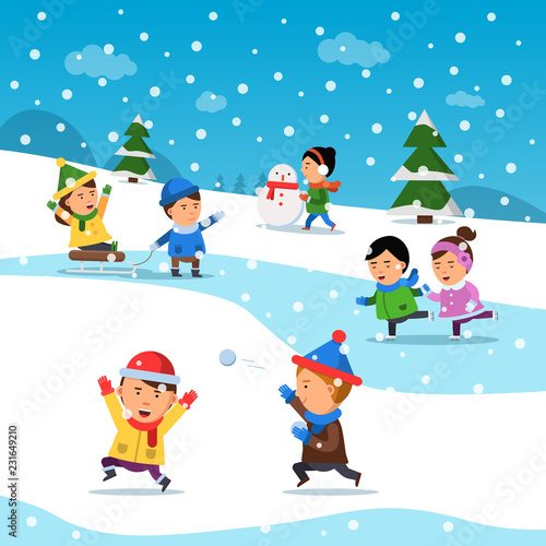 Kids winter playing. Funny smile happiness childrens at cold snowy playground holiday cartoon vector background. Wintertime children playing with snowball illustration