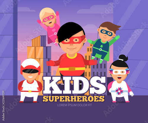 City kids heroes. Urban landscape with childrens male and female superheroes in masks vector cartoon characters. Kids superhero in costume and mask illustration