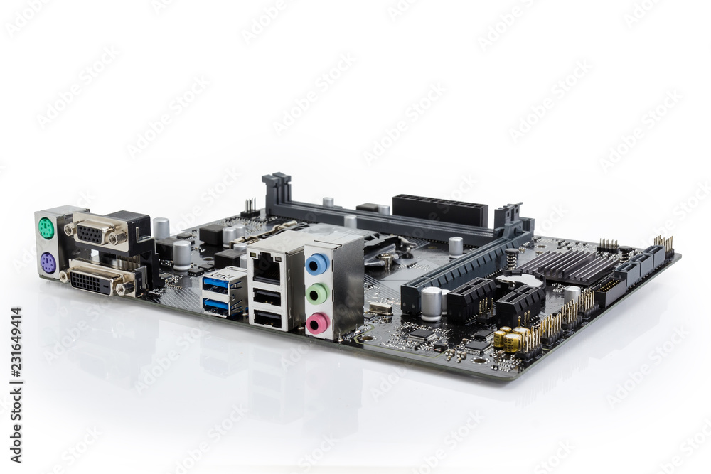 Motherboard of a desktop close-up on a white background Motherboard of a desktop close-up on a white background