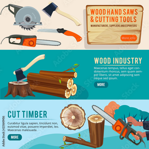 Woodworking production. Banners of wood pictures forestry pile trunks lumberjack cutting tools vector illustrations. Illustration of cut timber, wooden log and lumberjack woodworking
