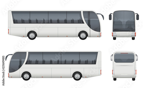 Travel bus realistic. Tourism autobus mockup cargo car front side view vector pictures set isolated. Bus auto car, truck passenger illustration