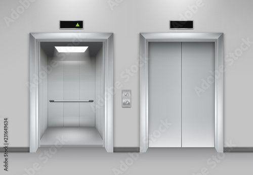 Lift doors building. Business office facade interior realistic closing opening doors elevator chrome metal buttons vector pictures. Illustration of lift door, panel metal, transportation office indoor
