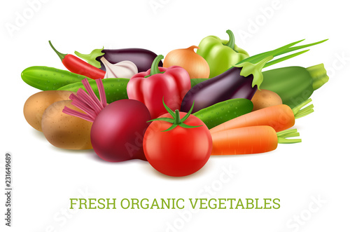 Vegetables collection 3d. Organic vegan healthy food nutrition vector realistic pictures. Food vegetarian, vegetable tomato and eggplant, onion and carrot illustration