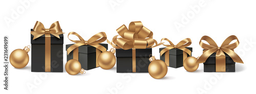 Set of decorative black gift boxes with golden bows and gold Christmas balls isolated on white for New Year Sale design. Vector illustration