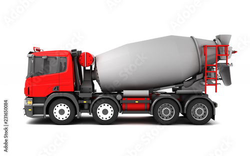 Left side view of concrete mixer truck isolated on white background. 3d illustration.