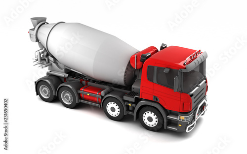 Side view of concrete mixer truck isolated on white background. High angle view. Right side. Perspective. 3d illustration.