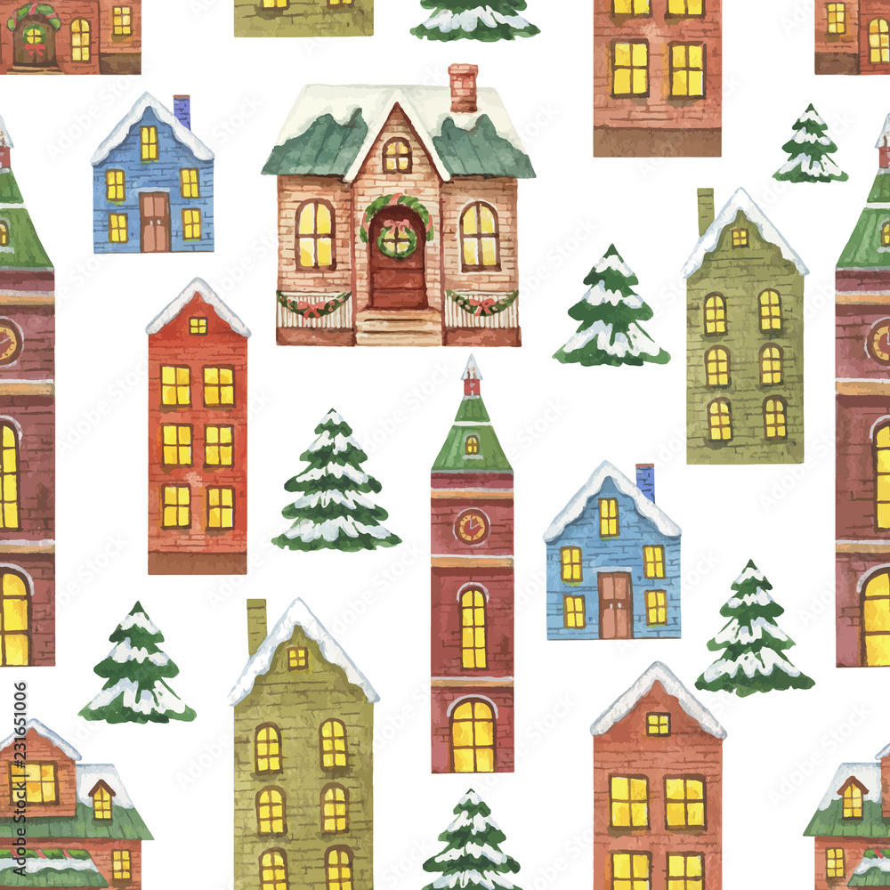 Watercolor seamless pattern with Christmas houses isolated on white background.