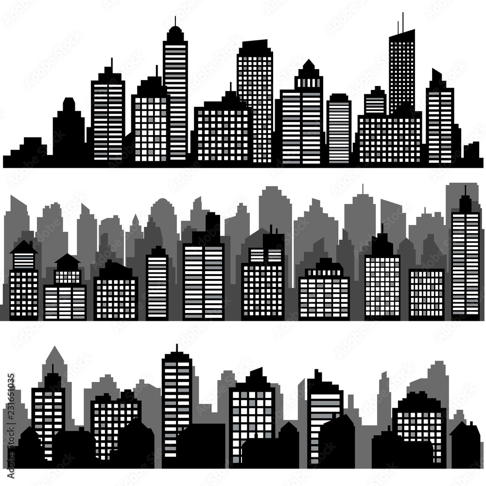 Fototapeta premium Vector set of different black horizontal night cityscape