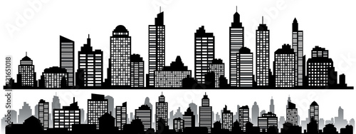 Vector set of black horizontal night cityscapes