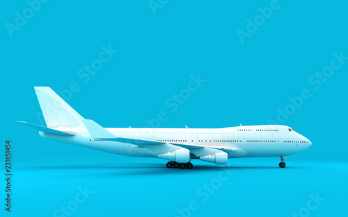 3D illustration of airplane boeing 747 stands still isolated on blue background. Ready to take-off. Right side view