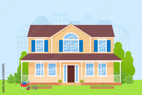 House exterior. Vector. Home facade. Townhouse front building with lawn, tree, bush, cityscape. Modern residential cottage. Apartment with door, roof, porch, window flat design. Cartoon illustration.