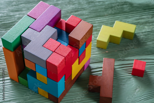 Concept of decision making process, creative, logical thinking. Geometric shapes in different colors. Logical tasks. Conundrum.