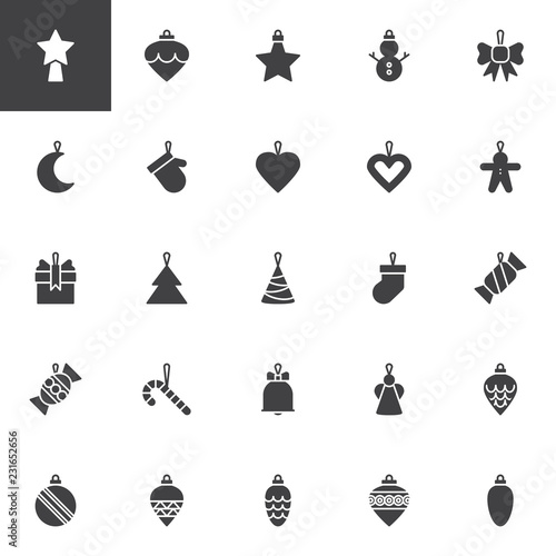 Christmas Toys vector icons set, modern solid symbol collection, filled style pictogram pack. Signs, logo illustration. Set includes icons as Xmas Bauble, Tree cone toy, Candy cane, Angel, Gingerbread