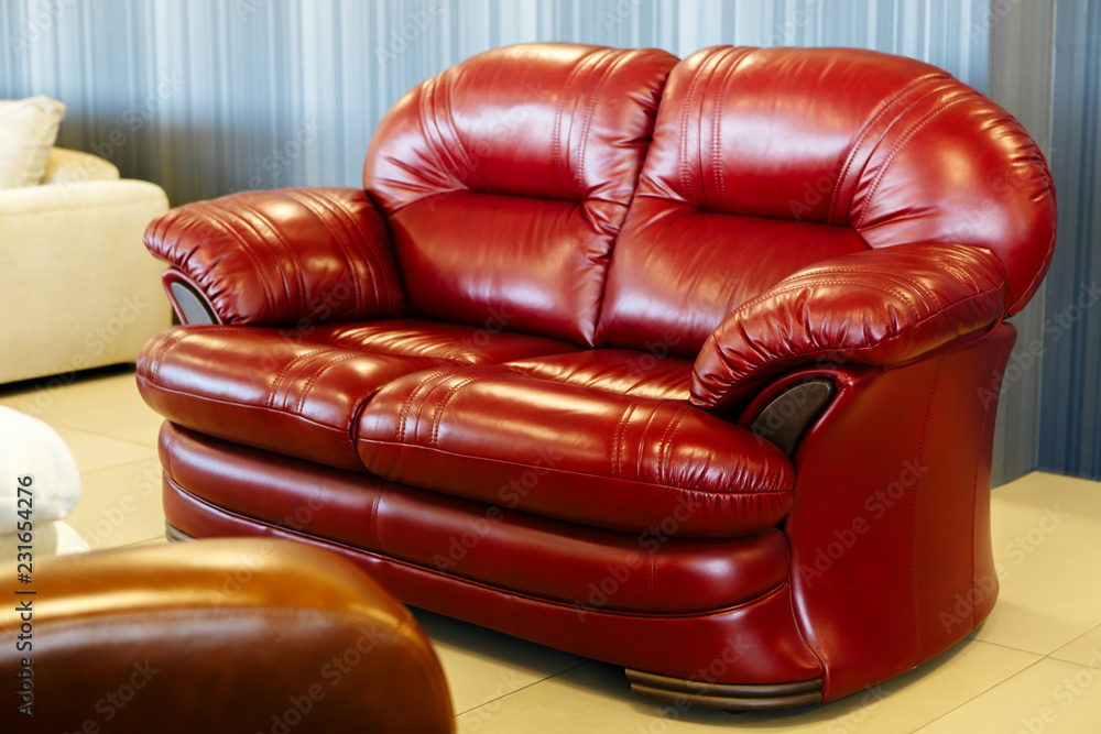 Empty red leather sofa background, Furniture decoration