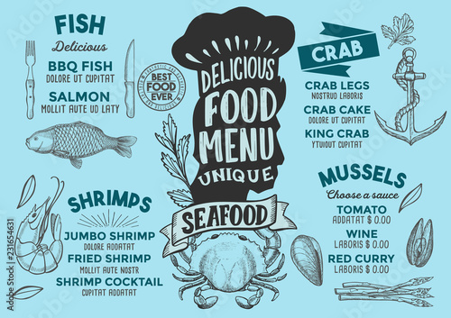 Seafood food menu template for restaurant with chefs hat lettering.