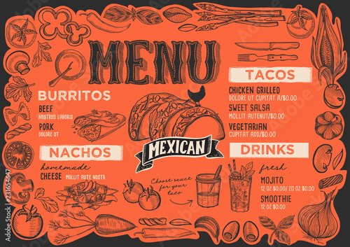 Mexican menu for restaurant with frame of graphic vegetables.